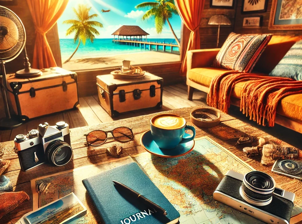 DALL·E 2024 12 11 15.16.49 A vibrant and engaging image illustrating travel tips and stories. The image features a cozy setting with a journal, a cup of coffee, and a map on a w